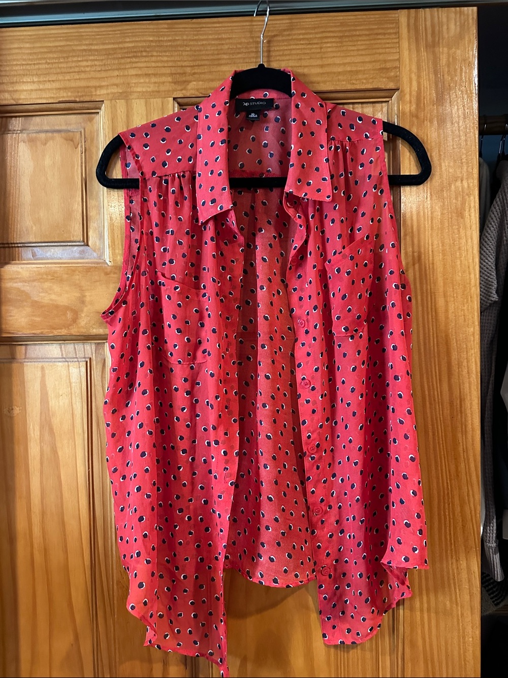 AB Studio Red Sleeveless Button-Down Shirt with Navy Dot Print